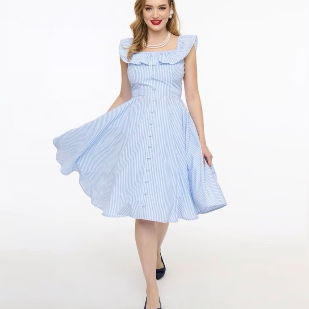 Unique Vintage Magnolia Place blue white stripe off shoulder Dress
